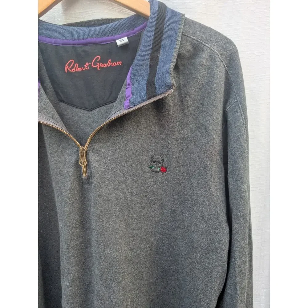 Robert Graham Mens Skull Rose Logo Half Zip Pullover Sweater‎ Sz Large Charcoal